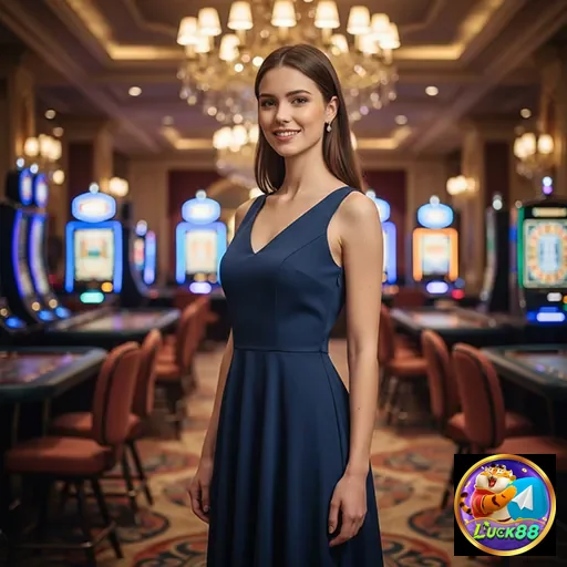 Modelo em um cassino luxuoso representando o luck88.