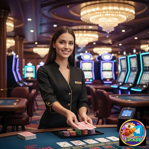 A imagem mostra uma croupier no luck88, com mesas e slot games ao fundo.
