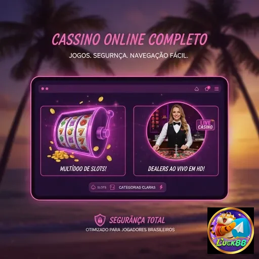 Interface do luck88 mostrando jogos de slot e dealers ao vivo.