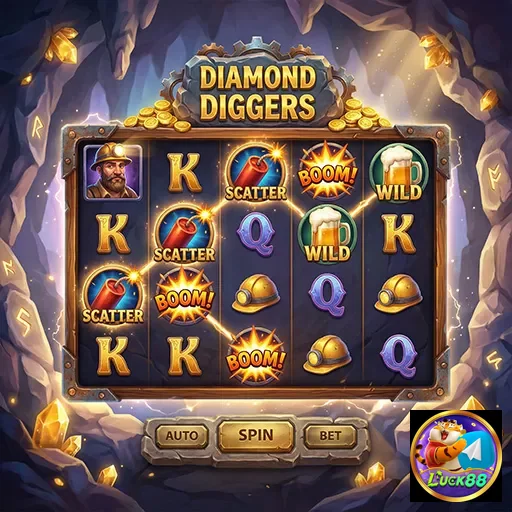 Tela do jogo Diamond Diggers da Luck88 com símbolos e opções.
