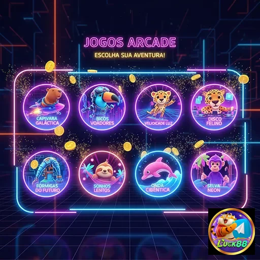 Ilustração de jogos arcade no luck88 com diversas opções.