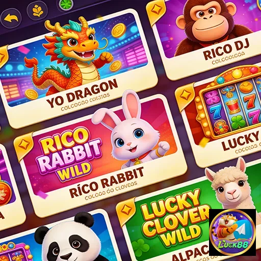 Slots exclusivos da luck88, destacando personagens e temas variados.