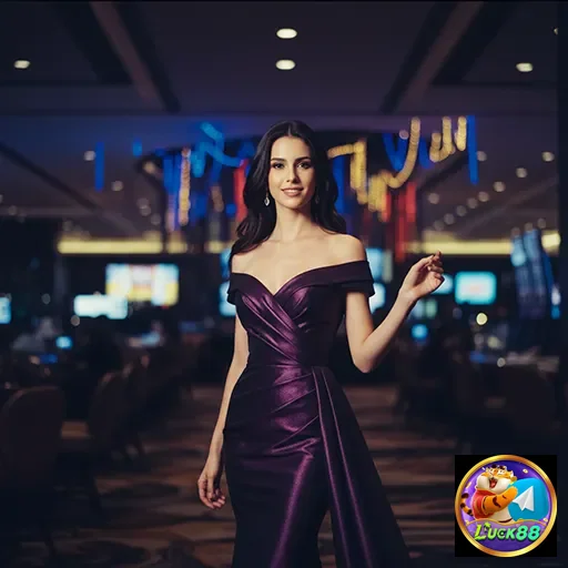 Jogadora elegante em cassino, destacando opções de slot no luck88.